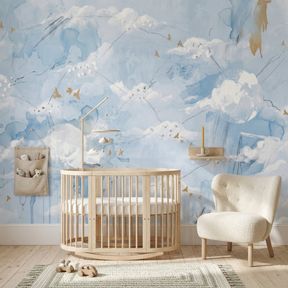 Abstract Cloudscape Wallpaper Watercolor Sky Gold Birds Removable Wall Decor
