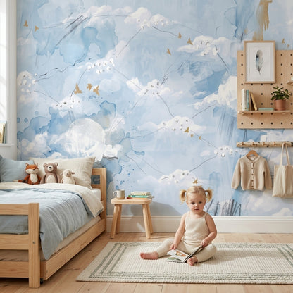 Abstract Cloudscape Wallpaper Watercolor Sky Gold Birds Removable Wall Decor