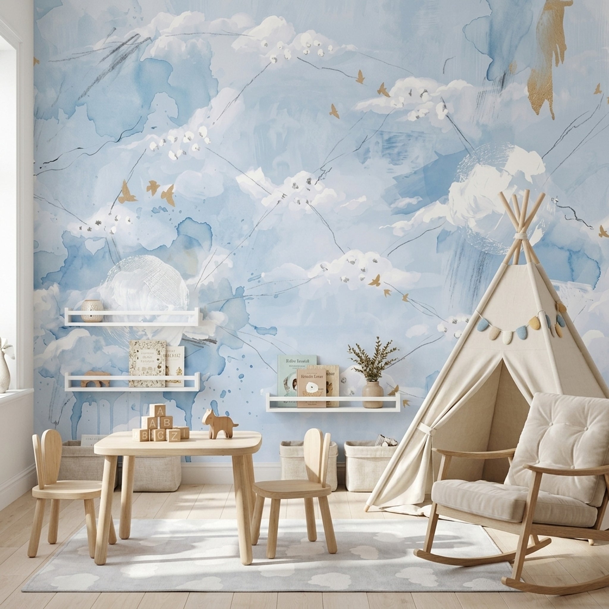 Abstract Cloudscape Wallpaper Watercolor Sky Gold Birds Removable Wall Decor