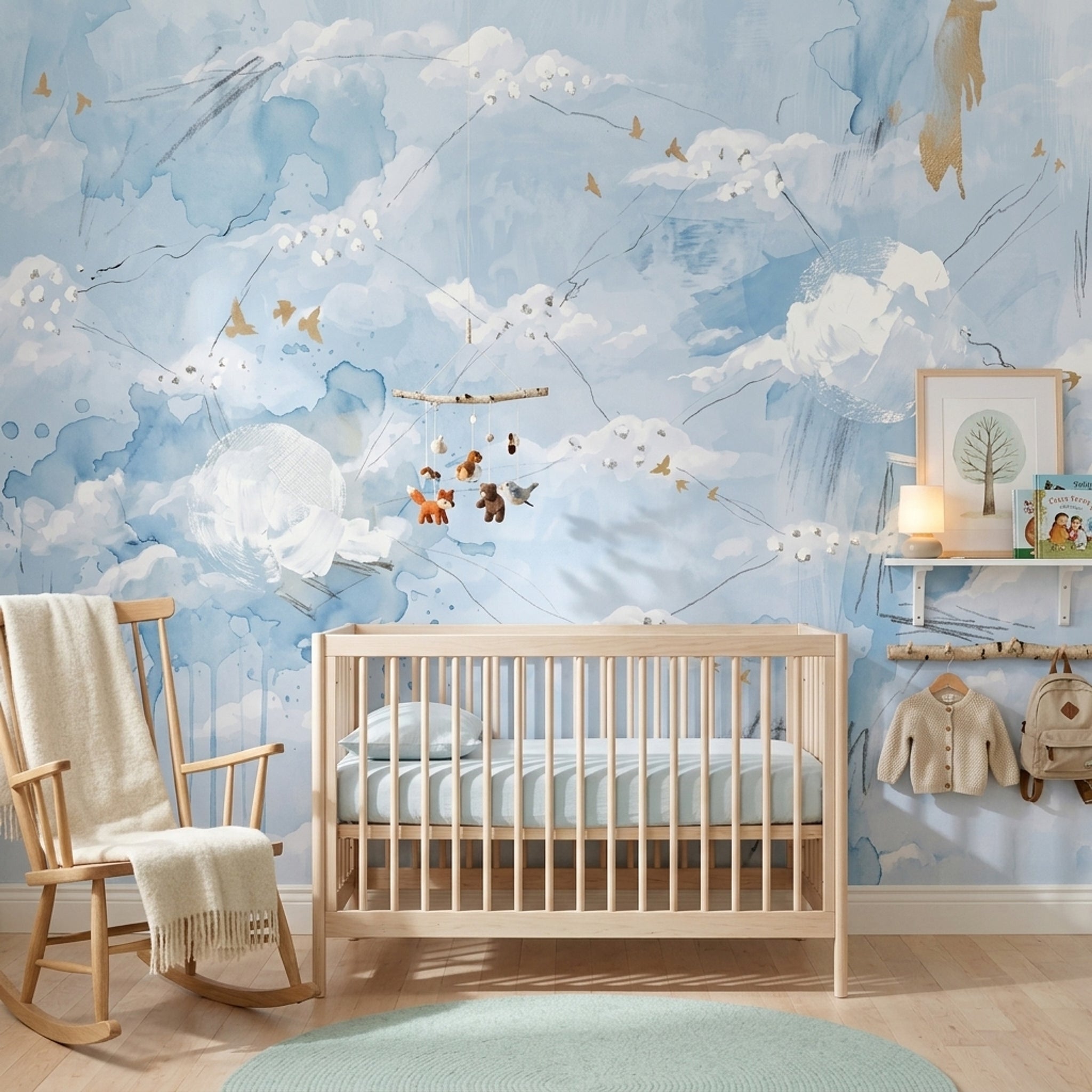 Abstract Cloudscape Wallpaper Watercolor Sky Gold Birds Removable Wall Decor