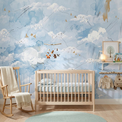 Abstract Cloudscape Wallpaper Watercolor Sky Gold Birds Removable Wall Decor