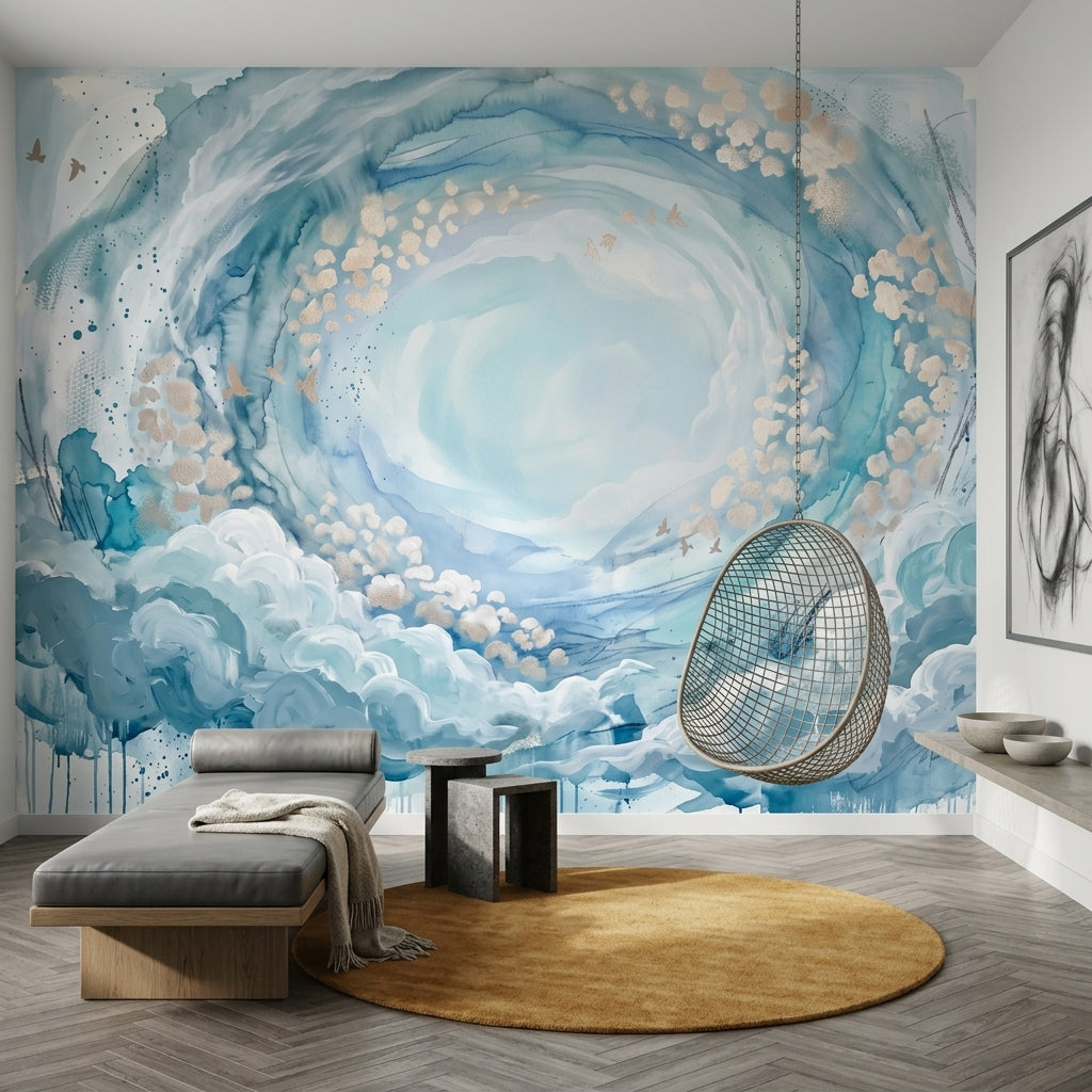 Abstract Cloudscape Wallpaper Watercolor Swirl Removable Blue Sky Vortex Wall Decor