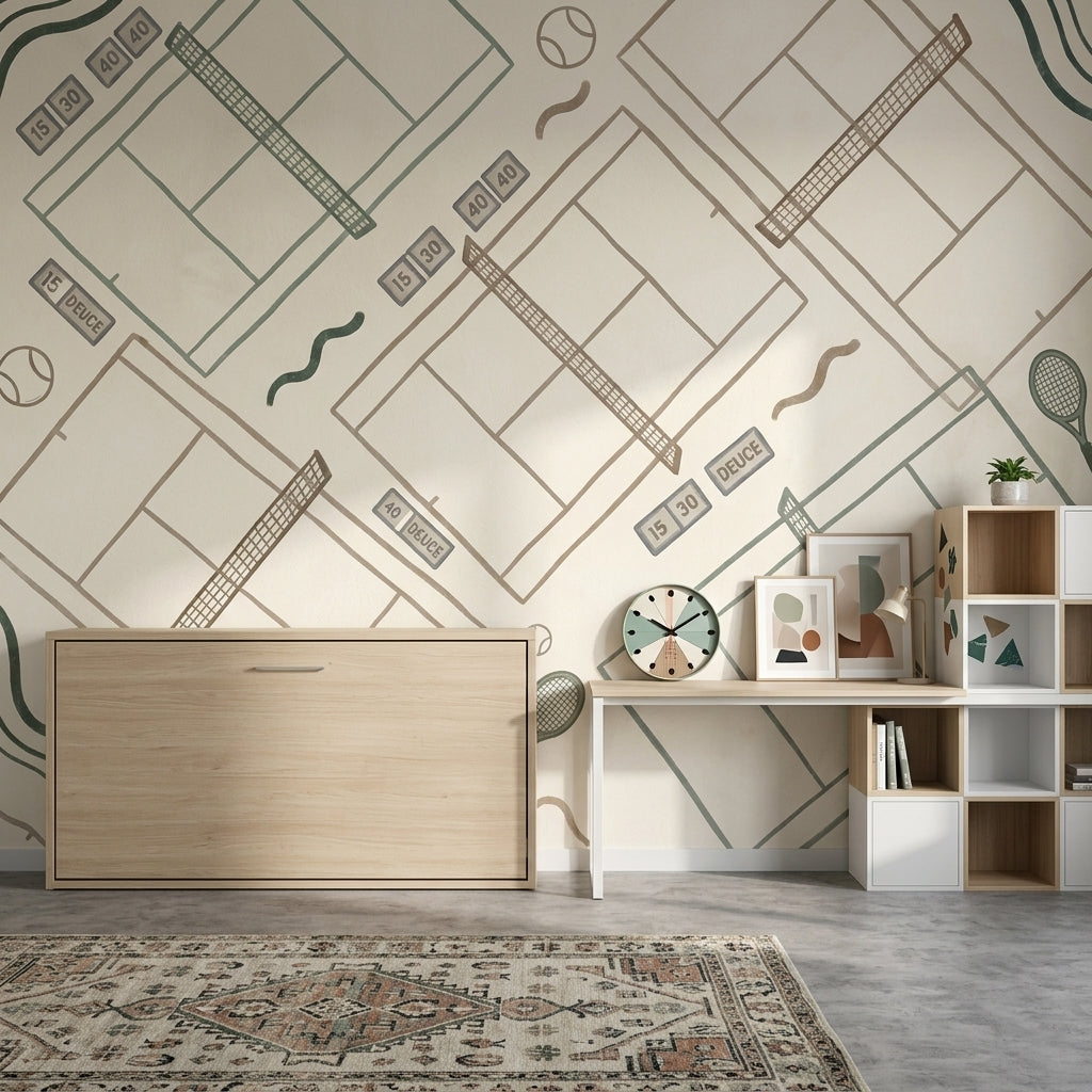 Tennis Court Wallpaper Sports Wallpaper Removable Minimal Line Art Wall Decor