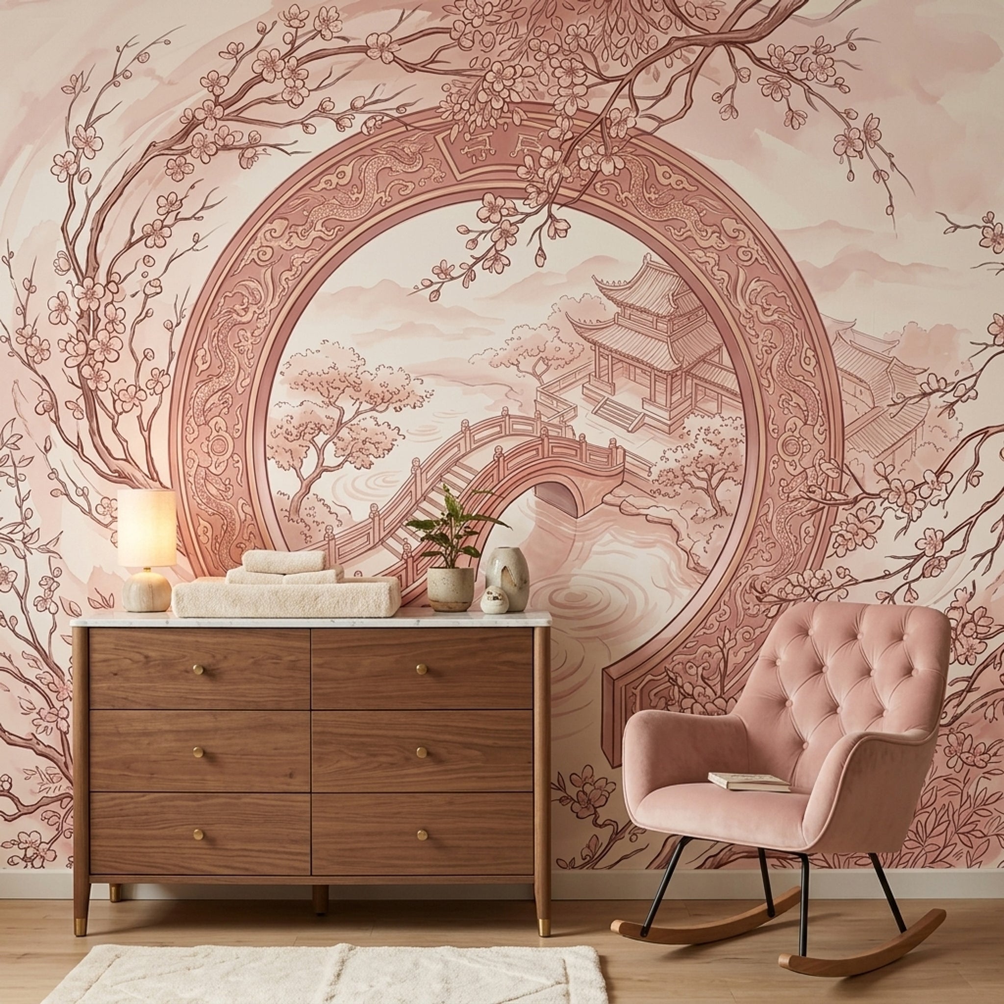 Cherry Blossoms Wallpaper Moon Gate Pagoda Pavilion Wall Mural