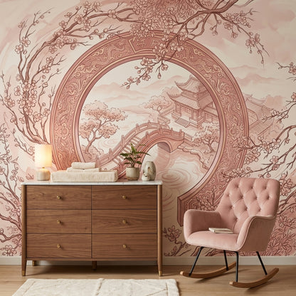 Cherry Blossoms Wallpaper Moon Gate Pagoda Pavilion Wall Mural