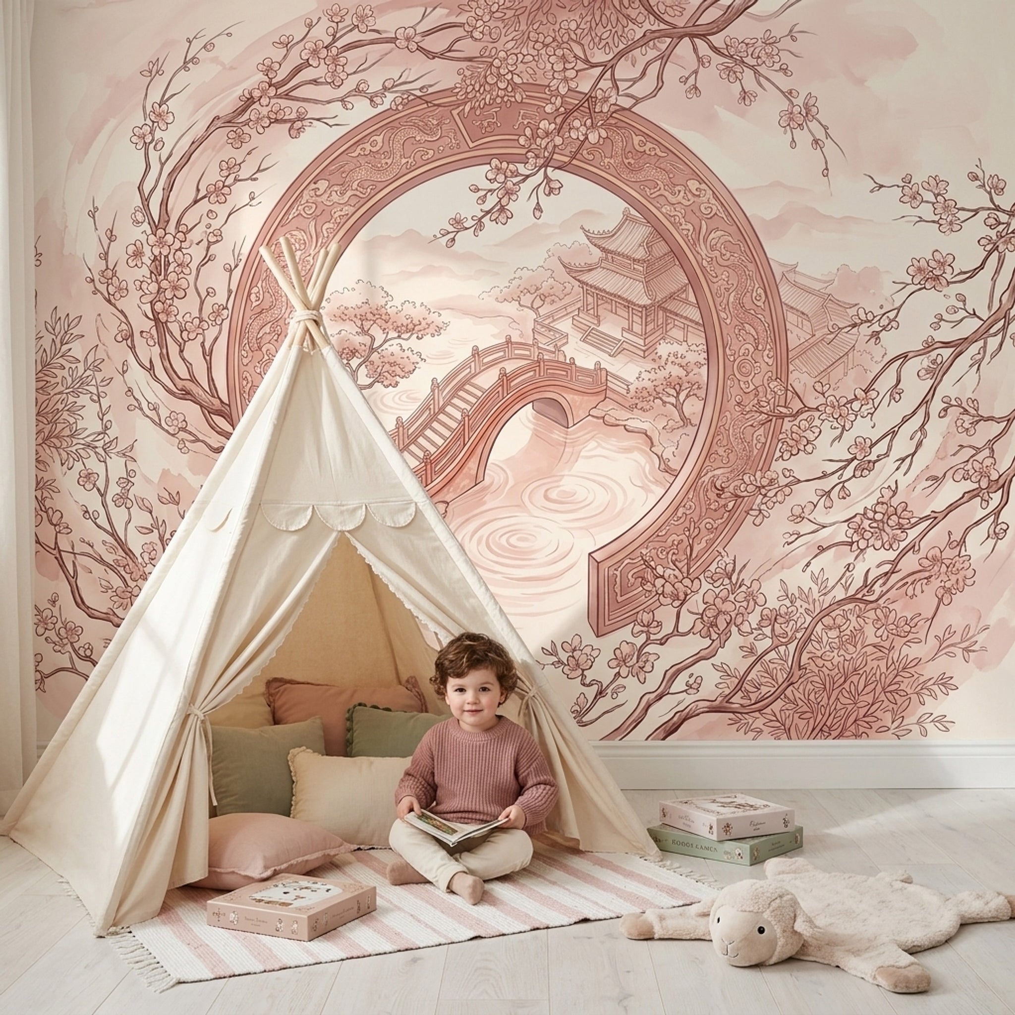 Cherry Blossoms Wallpaper Moon Gate Pagoda Pavilion Wall Mural