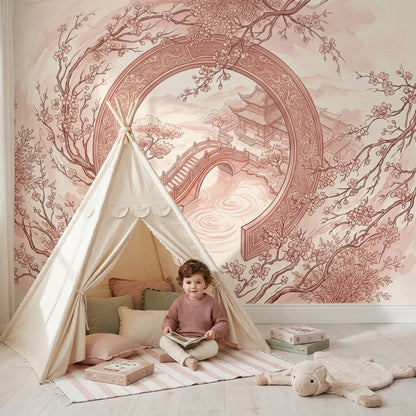 Cherry Blossoms Wallpaper Moon Gate Pagoda Pavilion Wall Mural