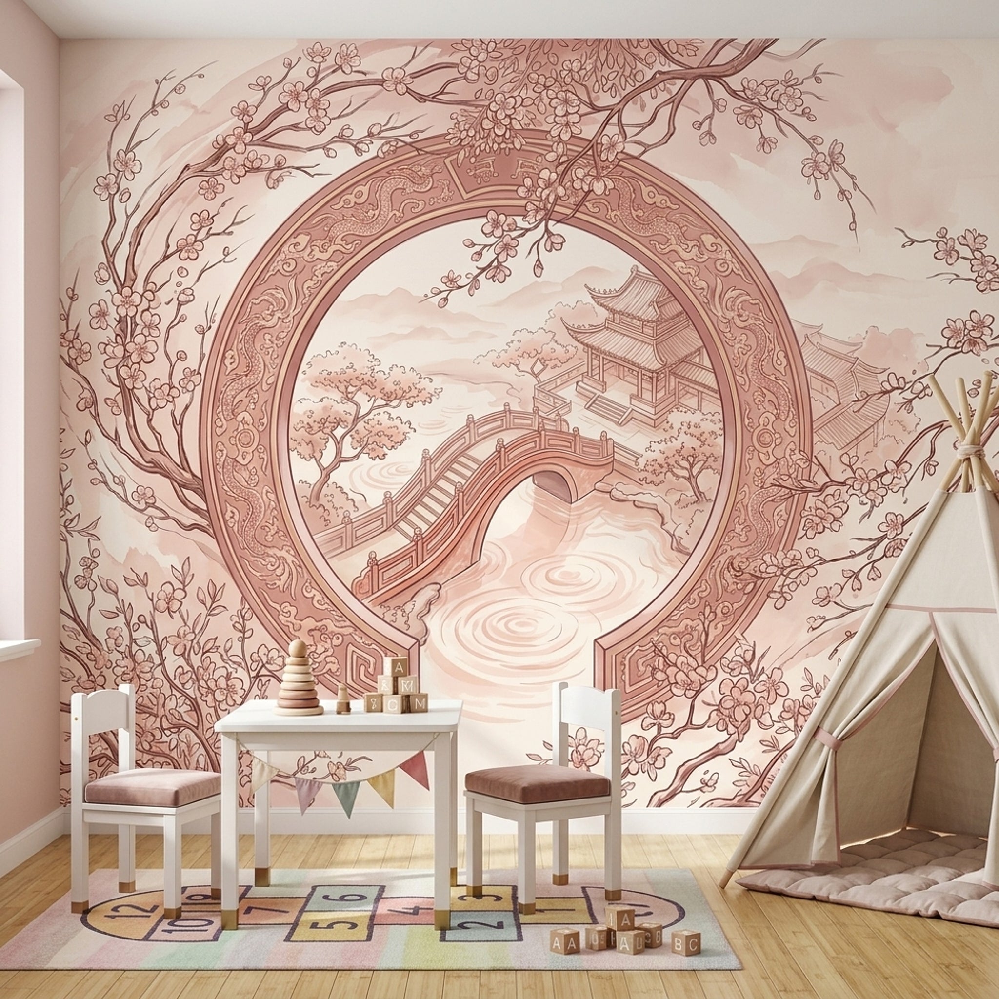Cherry Blossoms Wallpaper Moon Gate Pagoda Pavilion Wall Mural