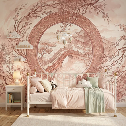 Cherry Blossoms Wallpaper Moon Gate Pagoda Pavilion Wall Mural