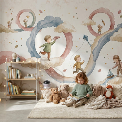Watercolor Wallpaper Children Playing Pastel Removable Wall Decor