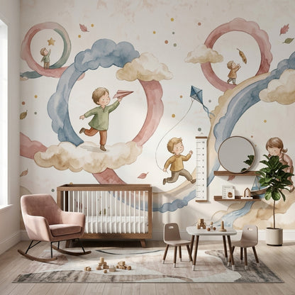 Watercolor Wallpaper Children Playing Pastel Removable Wall Decor