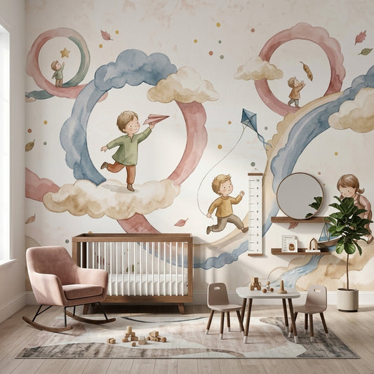 Watercolor Wallpaper Children Playing Pastel Removable Wall Decor