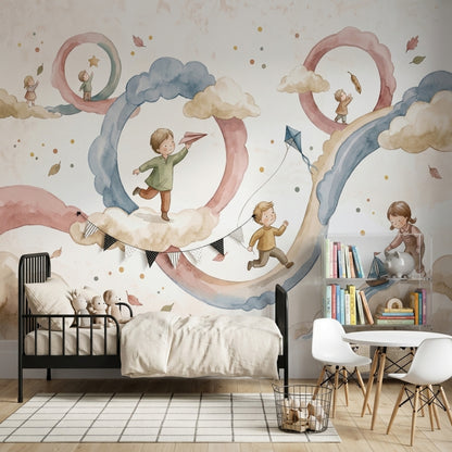 Watercolor Wallpaper Children Playing Pastel Removable Wall Decor