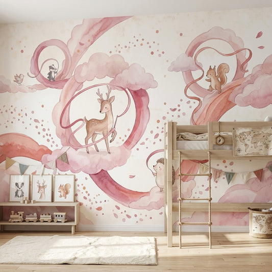 Woodland Animals Wallpaper Watercolor Pink Clouds Wall Mural