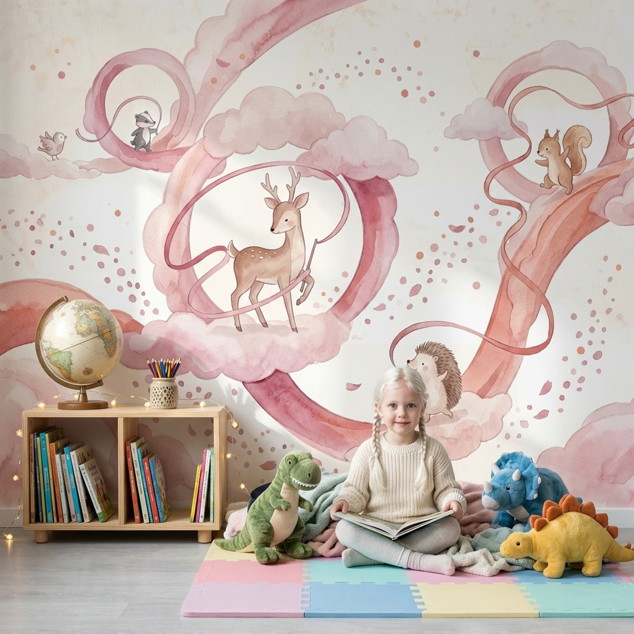 Woodland Animals Wallpaper Watercolor Pink Clouds Wall Mural