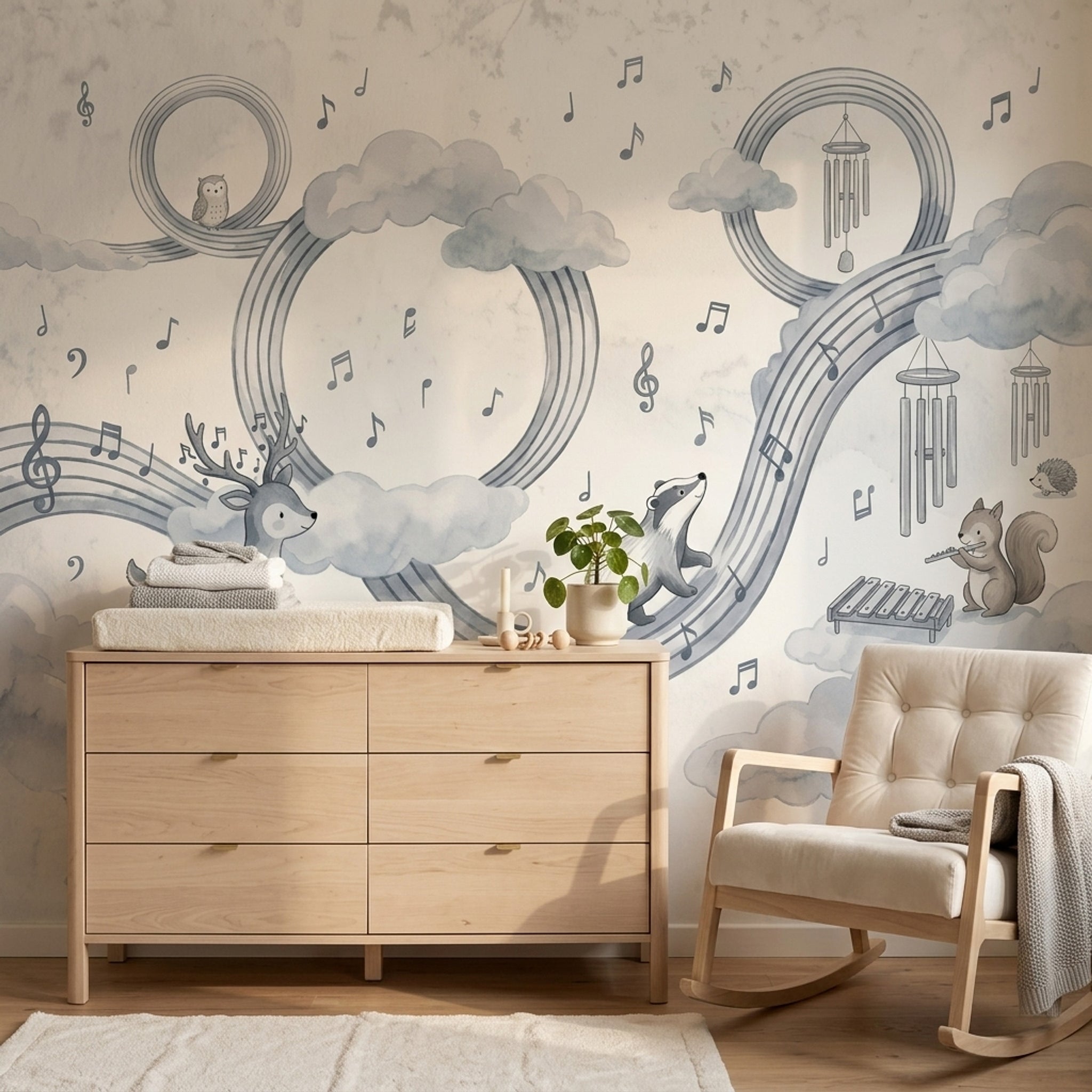 Music Notes Wallpaper Clouds Woodland Animals Wall Mural