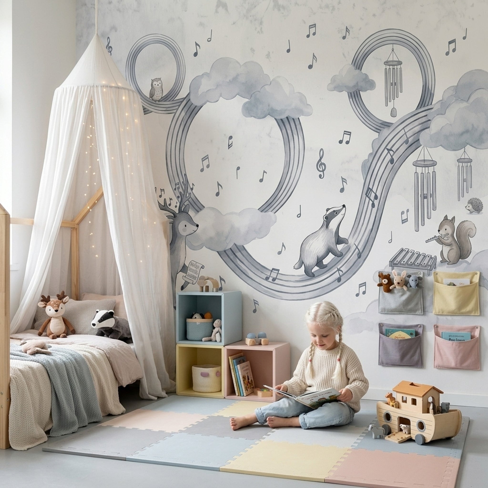Music Notes Wallpaper Clouds Woodland Animals Wall Mural