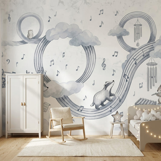 Music Notes Wallpaper Clouds Woodland Animals Wall Mural