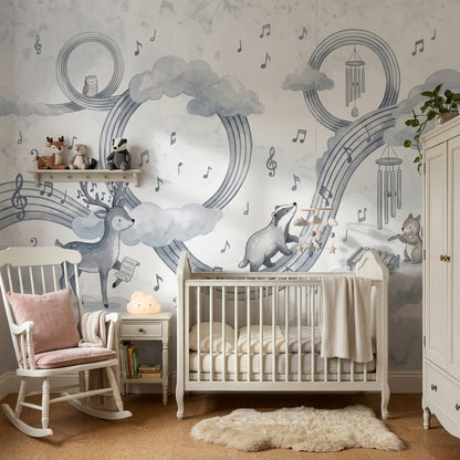 Music Notes Wallpaper Clouds Woodland Animals Wall Mural
