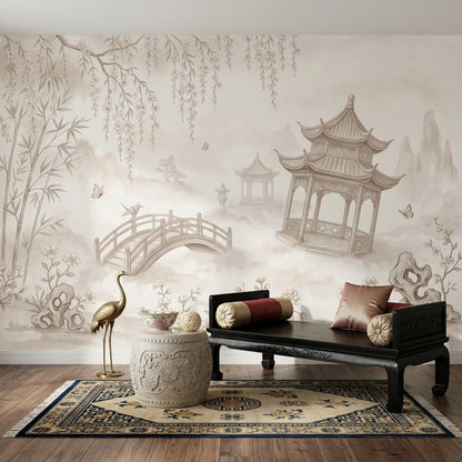 East Asian Garden Wallpaper Pagoda Pavilion Removable Arched Bridge Wall Decor