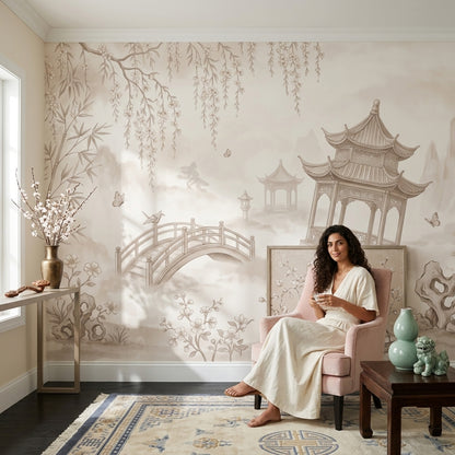 East Asian Garden Wallpaper Pagoda Pavilion Removable Arched Bridge Wall Decor