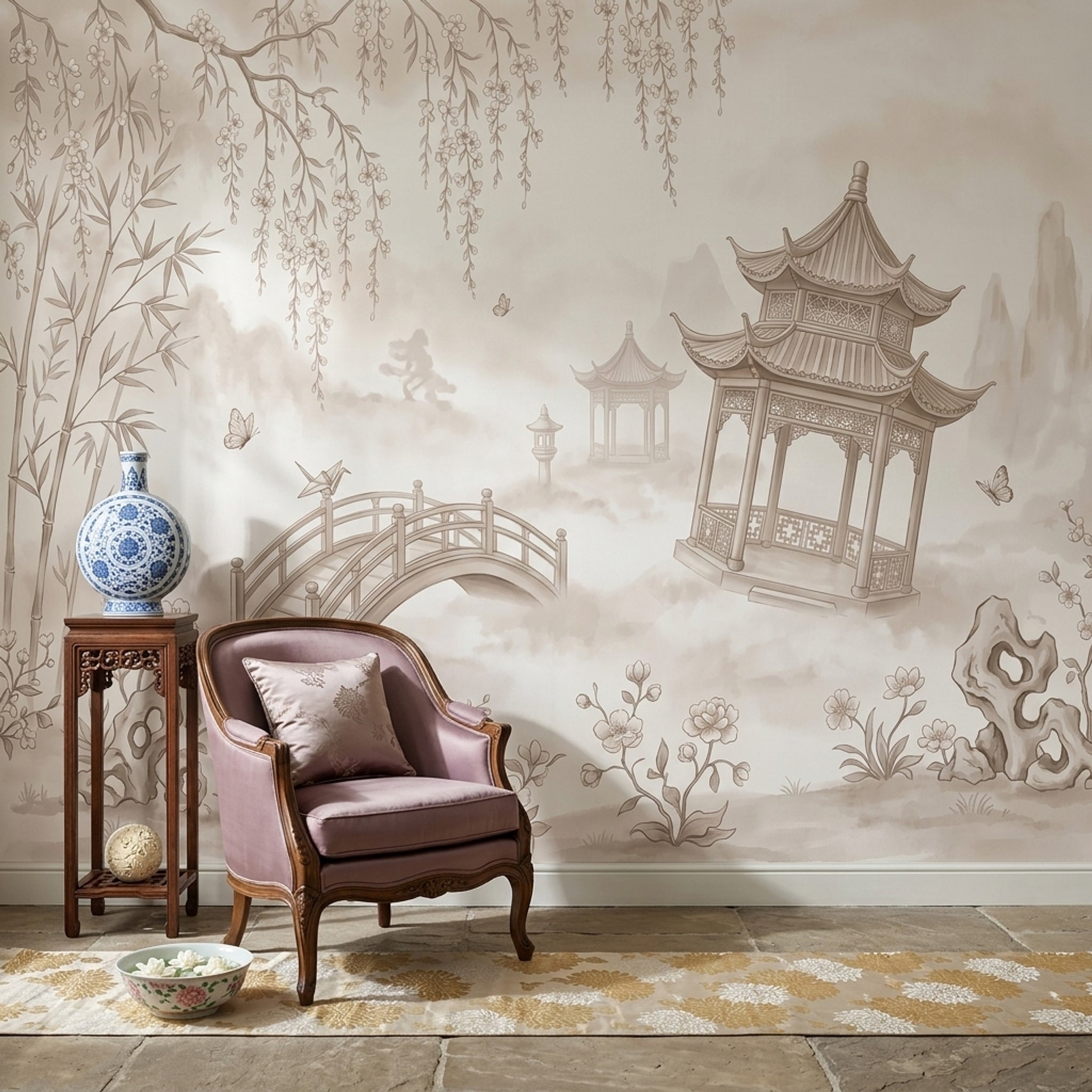 East Asian Garden Wallpaper Pagoda Pavilion Removable Arched Bridge Wall Decor