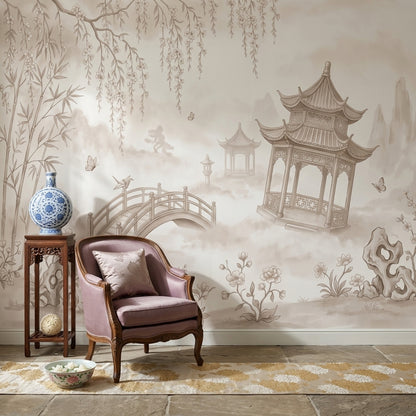 East Asian Garden Wallpaper Pagoda Pavilion Removable Arched Bridge Wall Decor