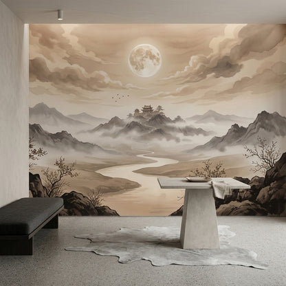 Misty Landscape Wallpaper Full Moon Pagoda Temple Wall Mural