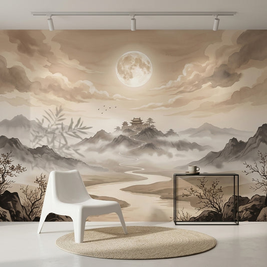 Misty Landscape Wallpaper Full Moon Pagoda Temple Wall Mural