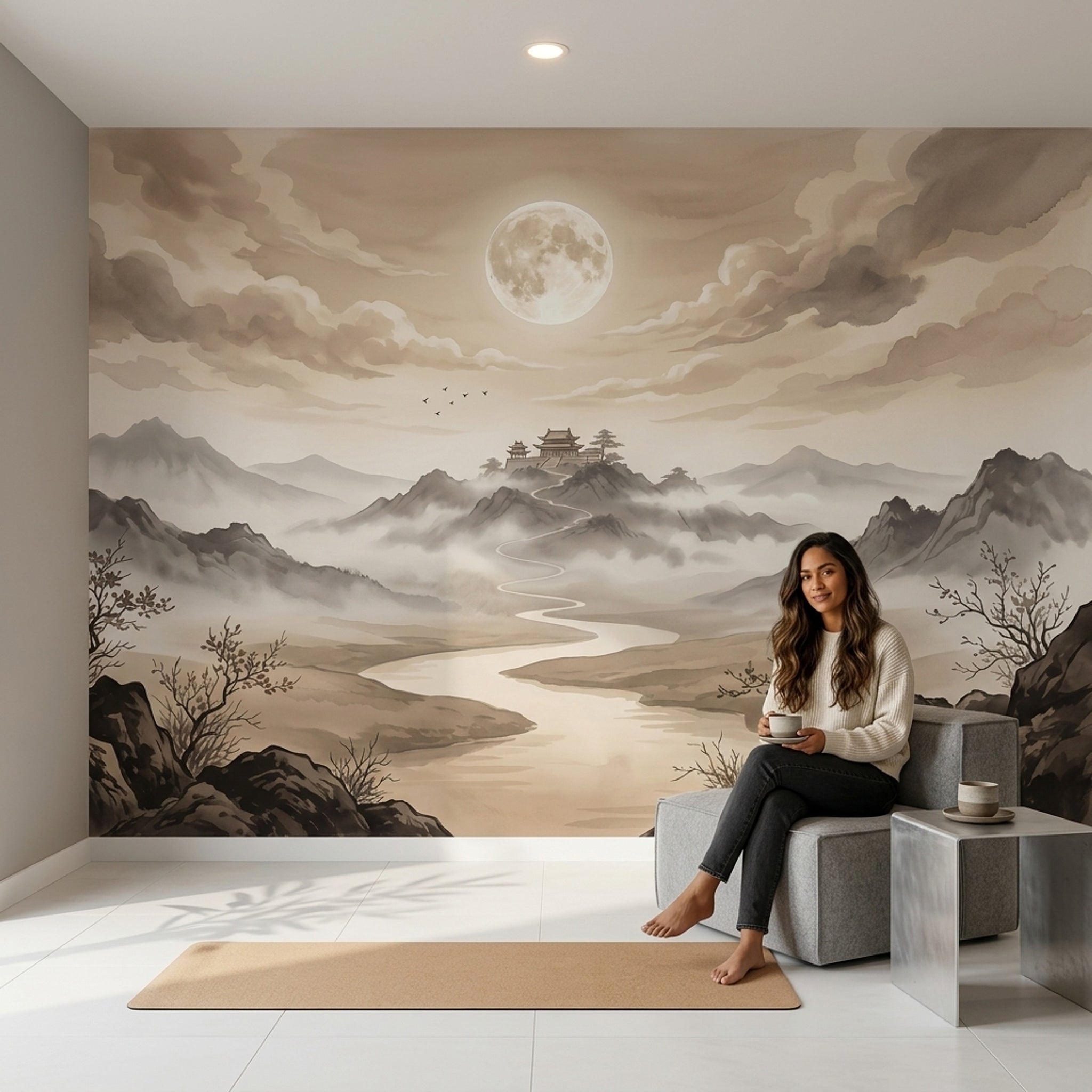 Misty Landscape Wallpaper Full Moon Pagoda Temple Wall Mural