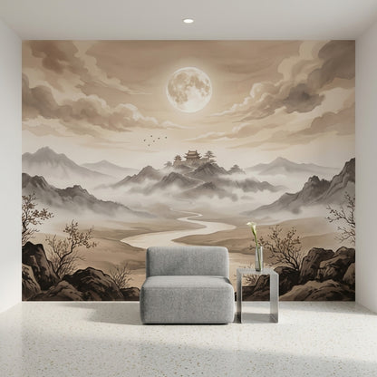 Misty Landscape Wallpaper Full Moon Pagoda Temple Wall Mural
