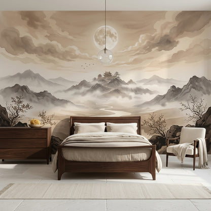 Misty Landscape Wallpaper Full Moon Pagoda Temple Wall Mural