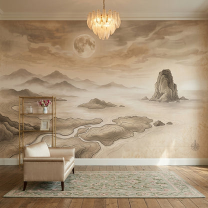 Cloudy Sky Wallpaper Misty Coast Removable Sepia Wall Decor