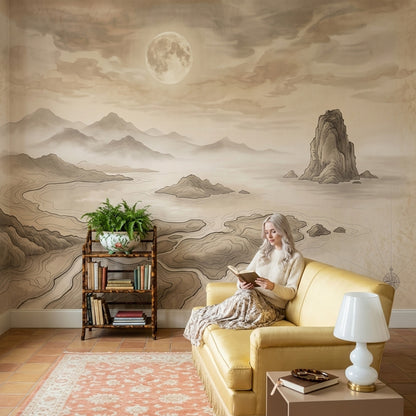 Cloudy Sky Wallpaper Misty Coast Removable Sepia Wall Decor