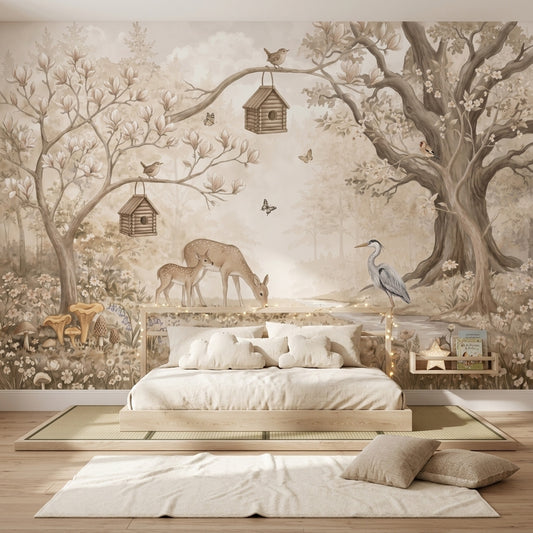 Woodland Landscape Wallpaper Vintage Watercolor Beige Neutral Removable Wall Decor