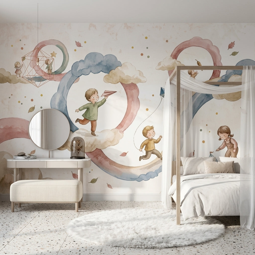 Watercolor Wallpaper Children Playing Pastel Removable Wall Decor