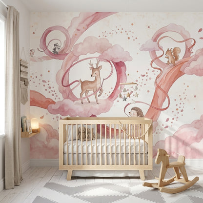 Woodland Animals Wallpaper Watercolor Pink Clouds Wall Mural