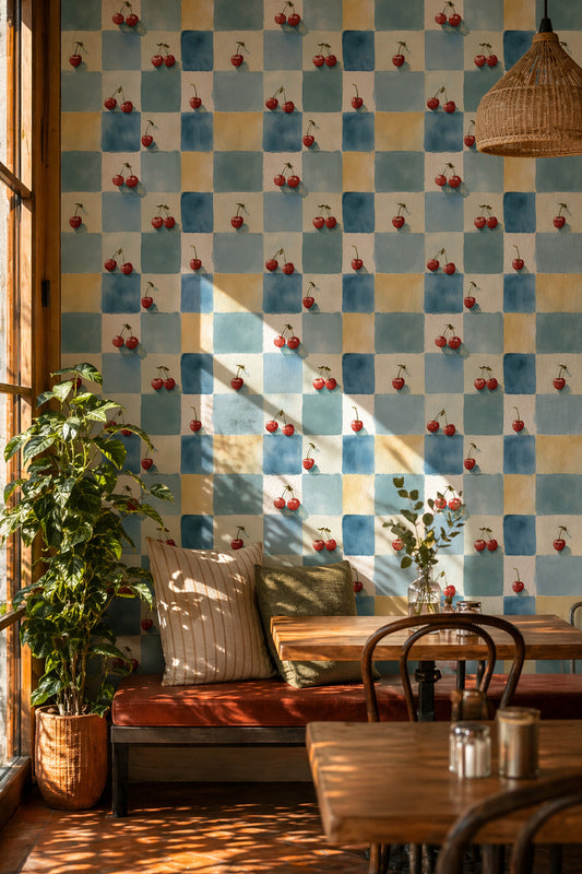 Watercolor Cherries Wallpaper Checkered Squares Kitchen Cottage Decorative Mural