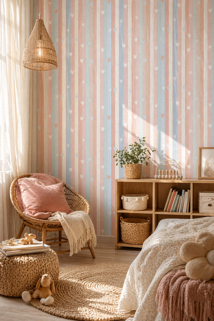 Pastel Stripes Wallpaper Hearts Hand Drawn Decorative Mural