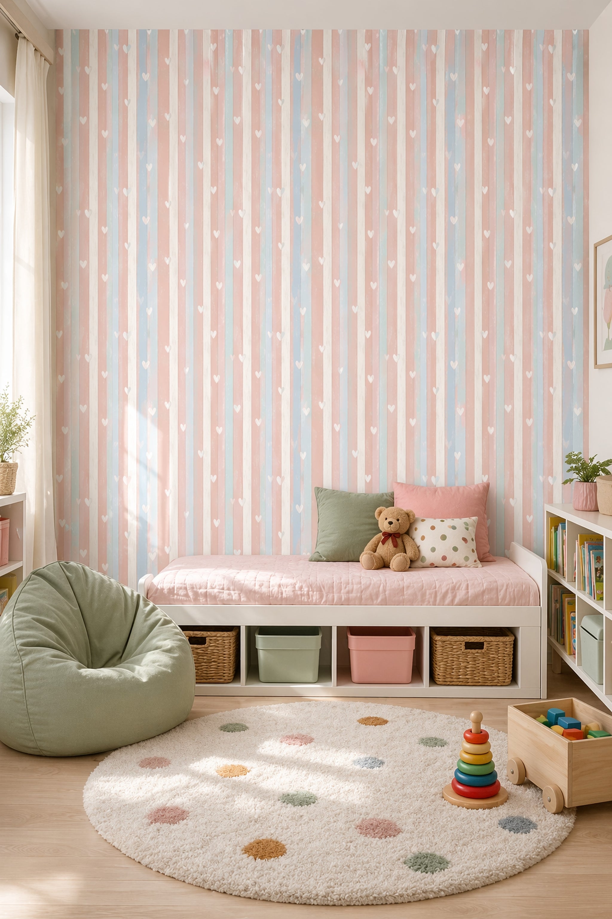 Pastel Stripes Wallpaper Hearts Hand Drawn Decorative Mural