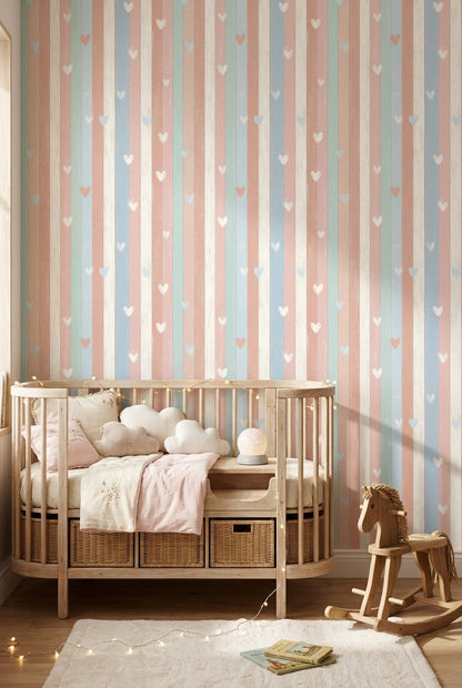 Pastel Stripes Wallpaper Hearts Hand Drawn Decorative Mural