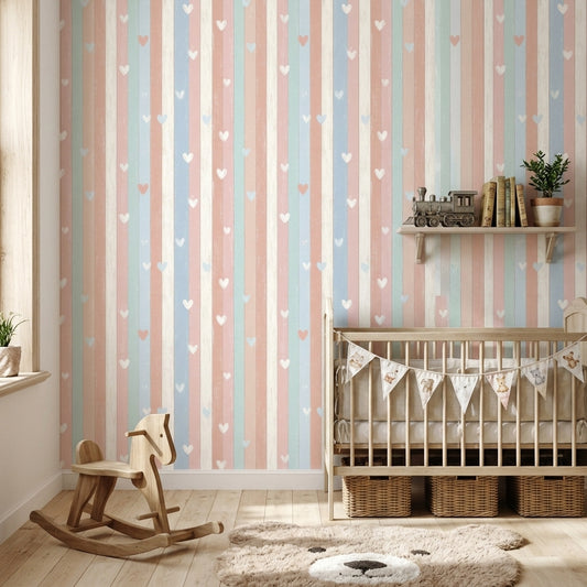 Pastel Stripes Wallpaper Hearts Hand Drawn Decorative Mural