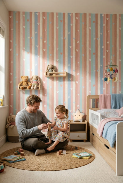 Pastel Stripes Wallpaper Hearts Hand Drawn Decorative Mural