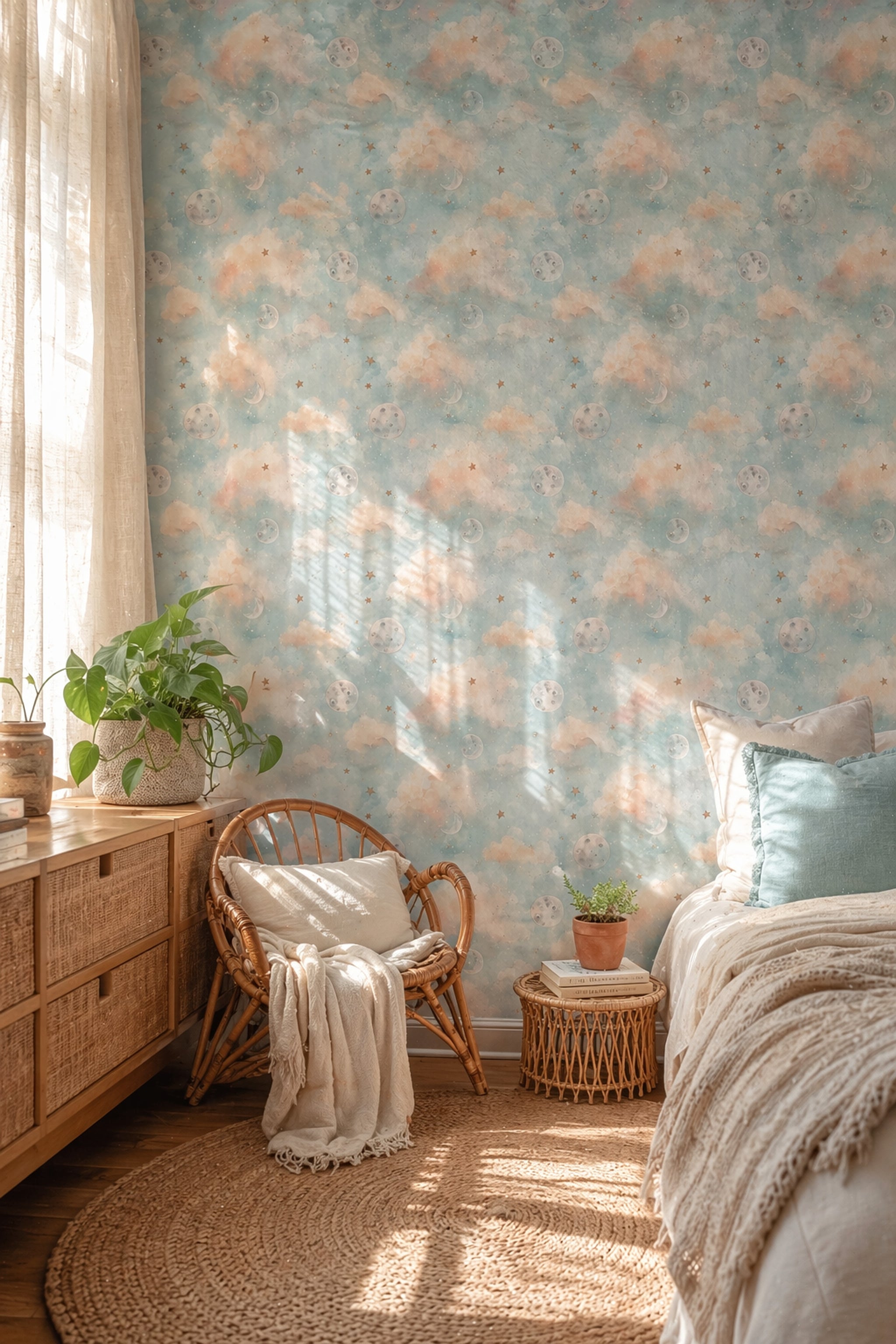 Celestial Wallpaper Watercolor Clouds Removable Stars Wall Decor