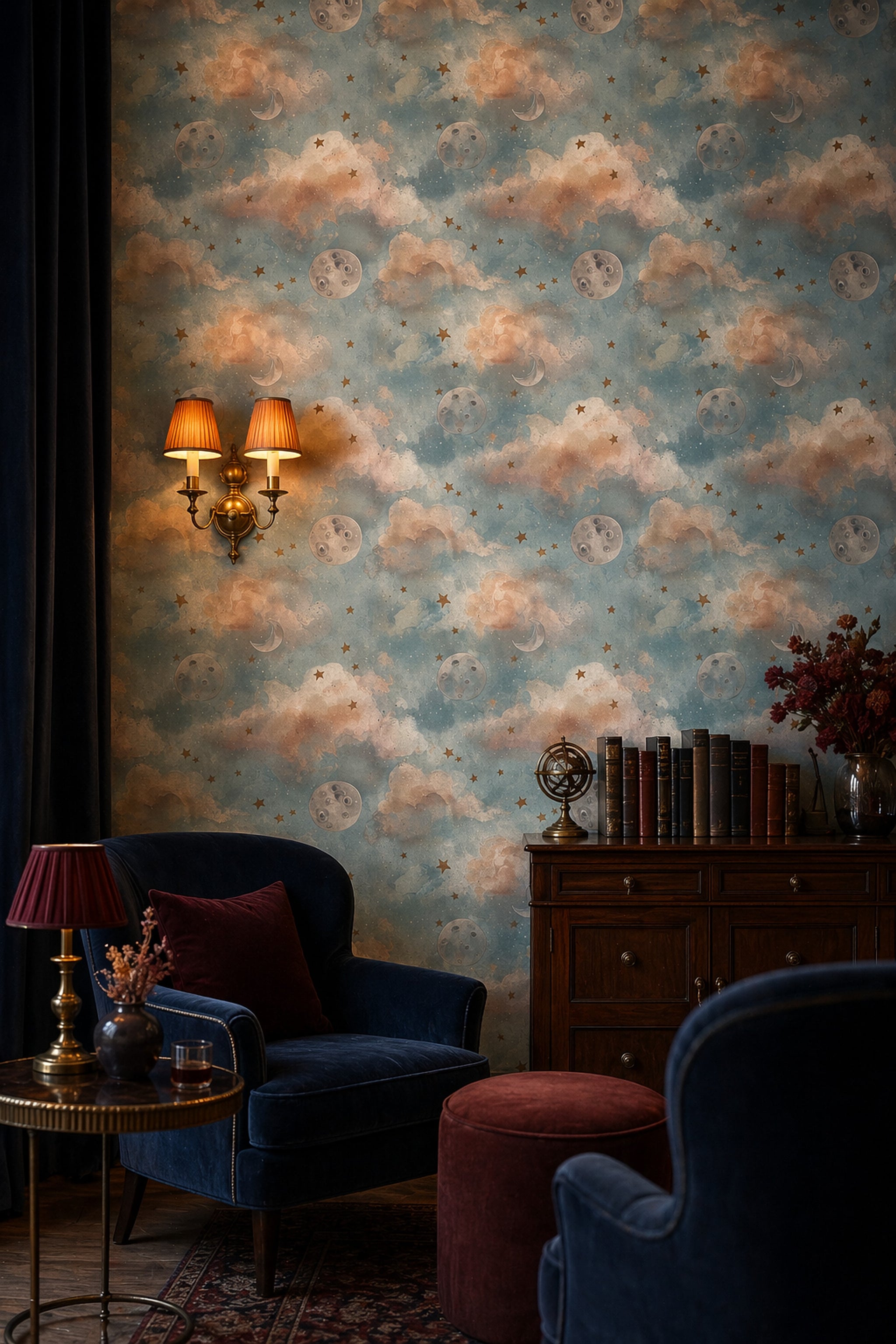 Celestial Wallpaper Watercolor Clouds Removable Stars Wall Decor