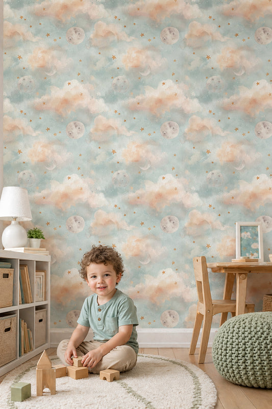 Celestial Wallpaper Watercolor Clouds Removable Stars Wall Decor