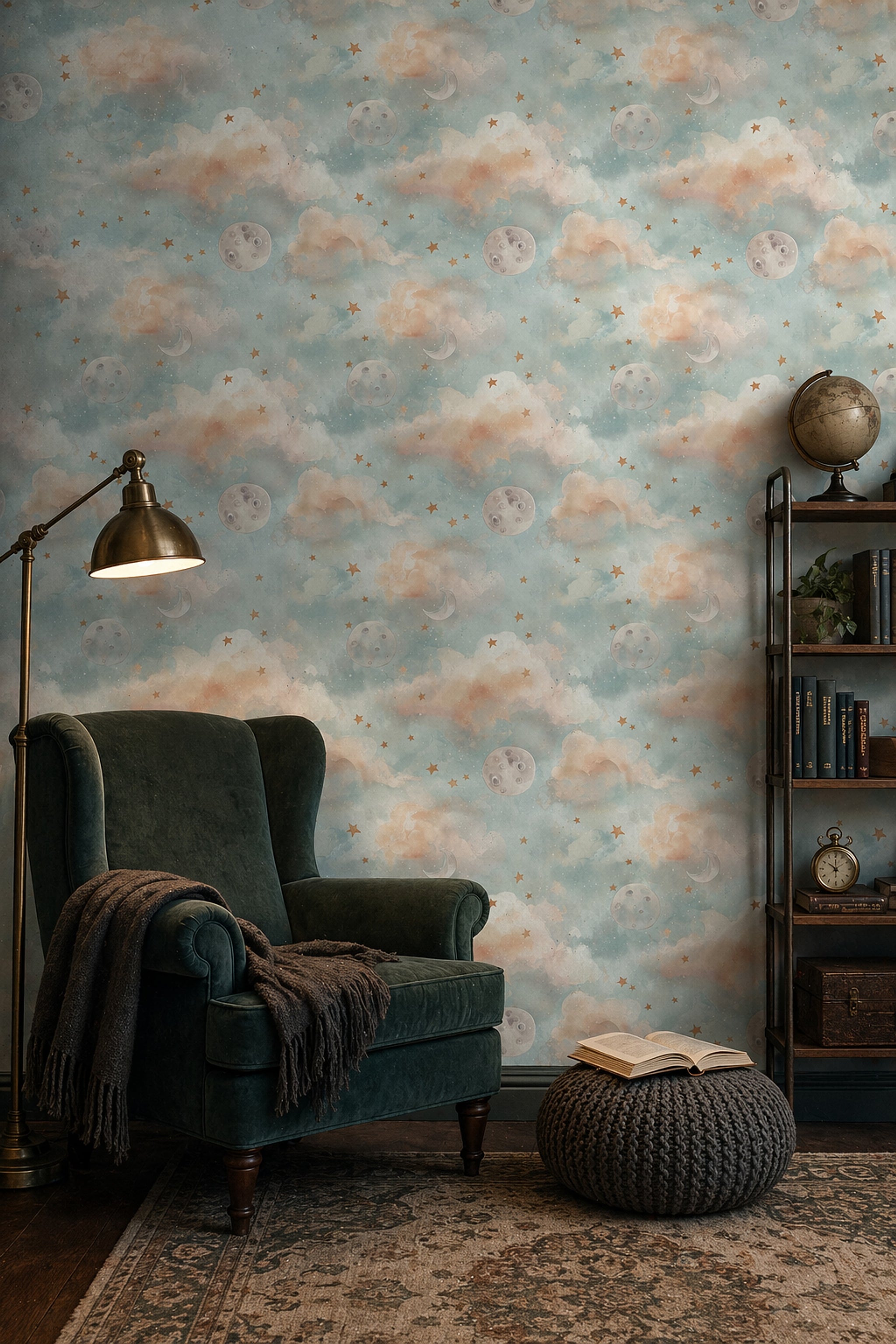 Celestial Wallpaper Watercolor Clouds Removable Stars Wall Decor