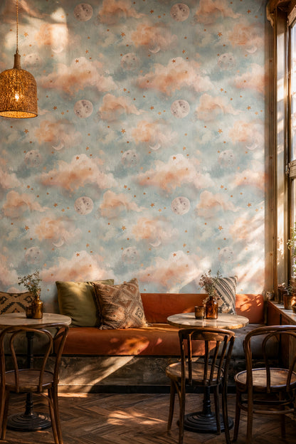 Celestial Wallpaper Watercolor Clouds Removable Stars Wall Decor