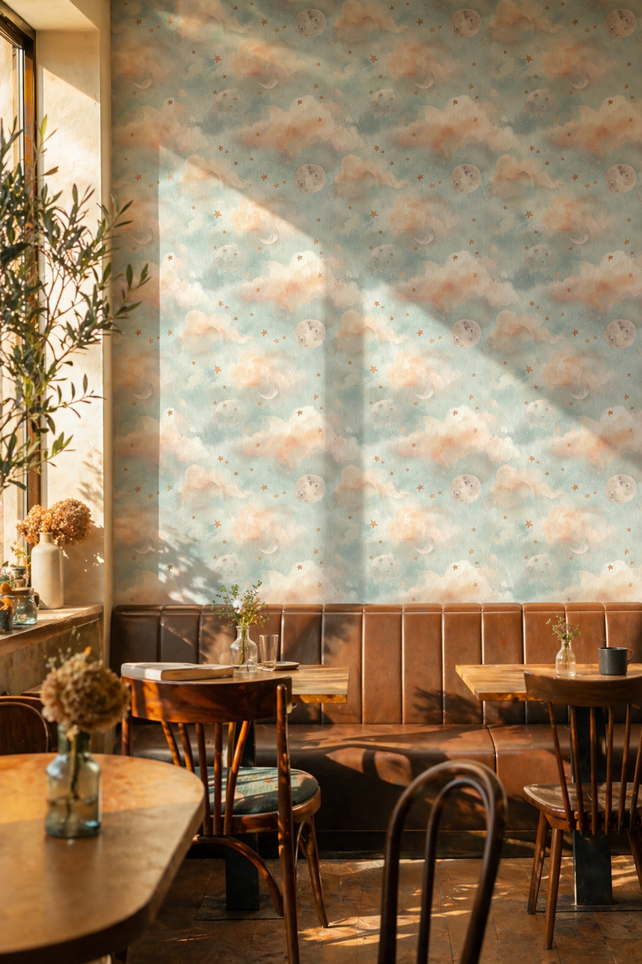 Celestial Wallpaper Watercolor Clouds Removable Stars Wall Decor