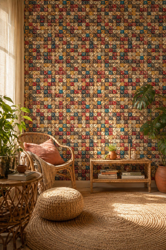 Vintage Dice Wallpaper Geometric Grid Distressed Texture Decorative Mural